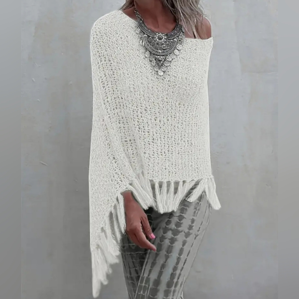 NWT White/Ivory Fringe Hem super soft knit poncho - Picture 2 of 5